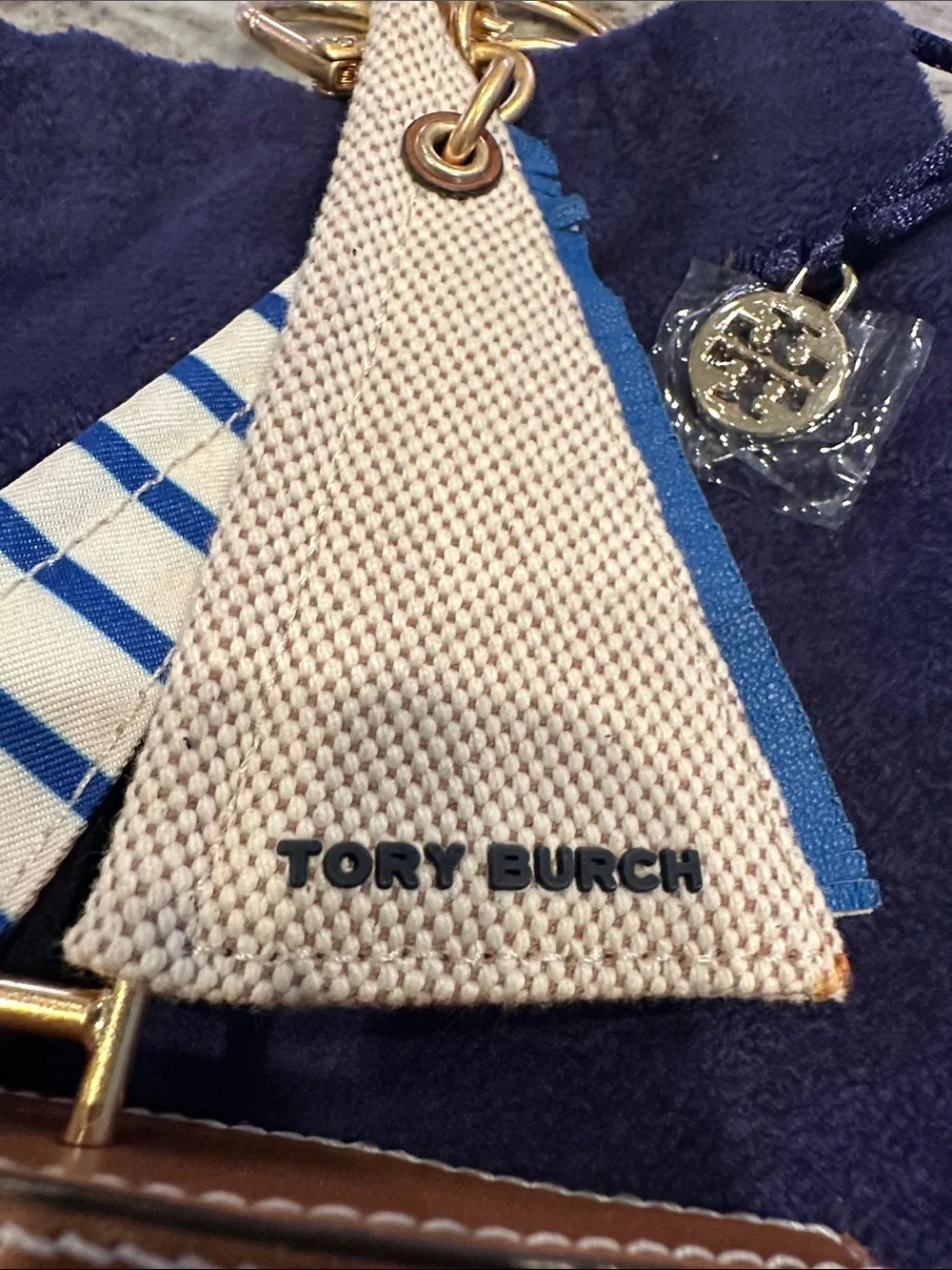 Tory Burch Sailboat Bag Charm Keychain Nautical Leather Canvas Dust Bag